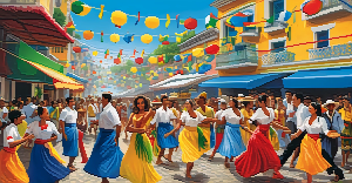 A lively Brazilian festival scene with colorful decorations, dancers in traditional costumes, and food stalls.