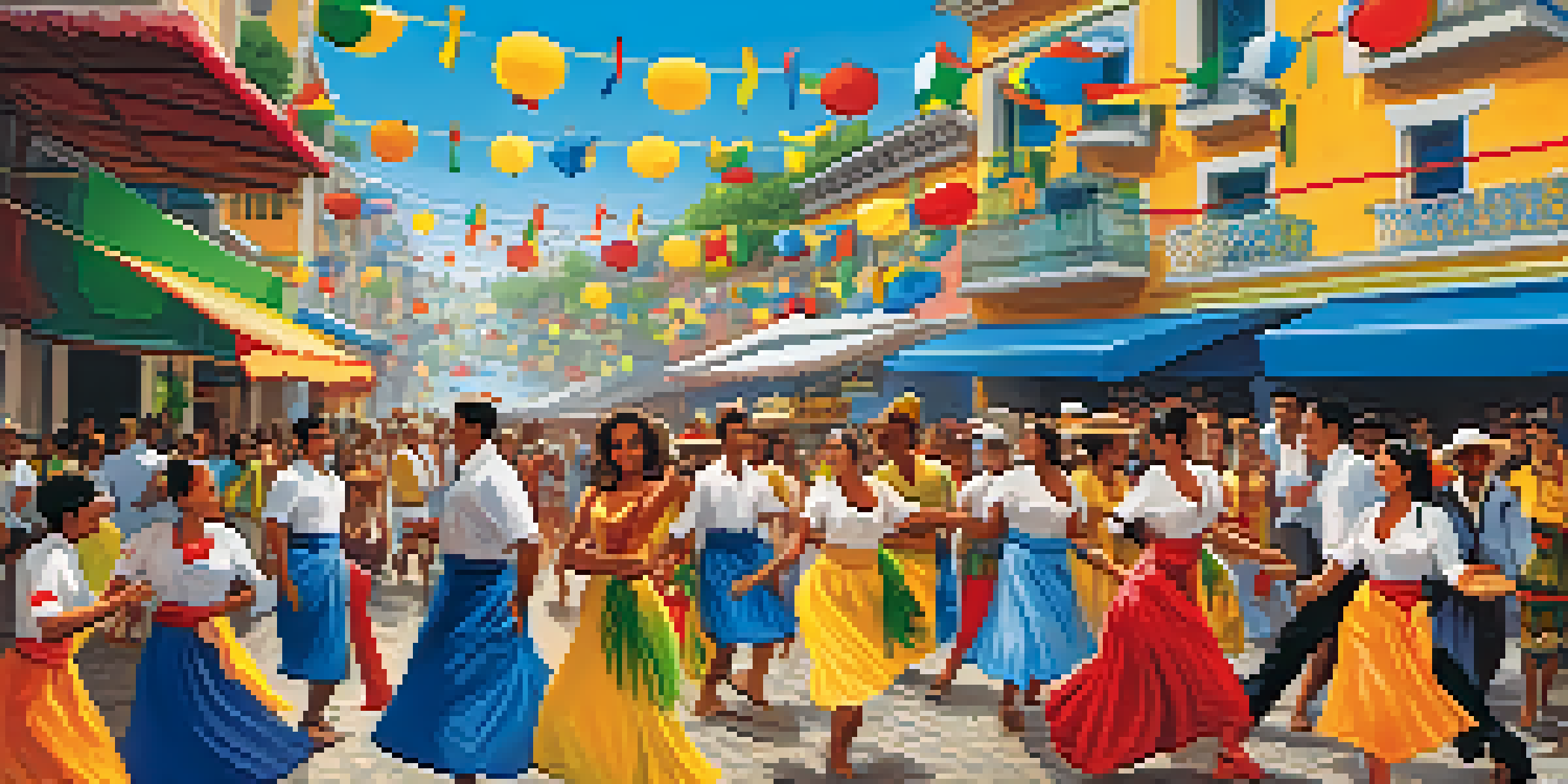 A lively Brazilian festival scene with colorful decorations, dancers in traditional costumes, and food stalls.