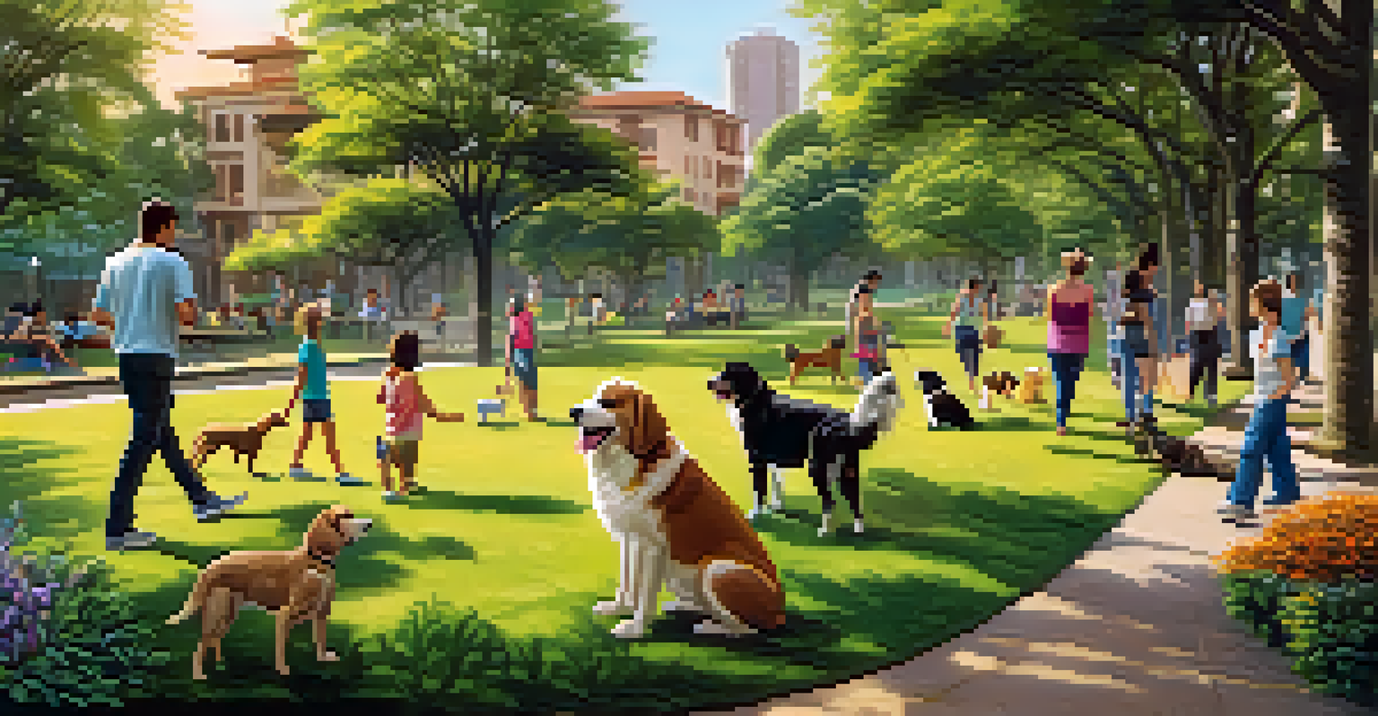 An urban park in Brazil with dogs playing on the grass and owners relaxing on benches amidst a vibrant and green landscape.