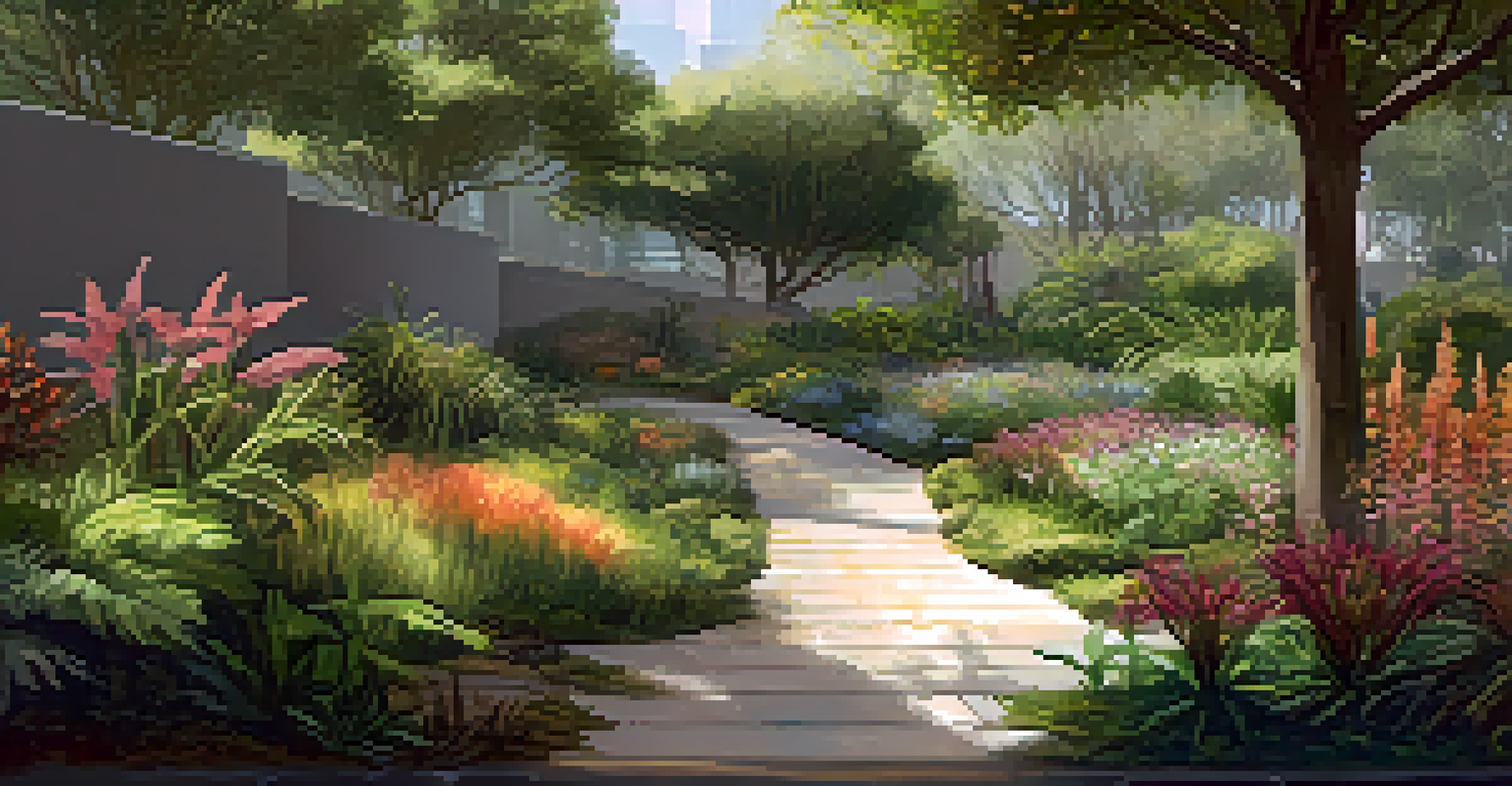 A peaceful rain garden in a Brazilian urban park with native plants and pooled rainwater, featuring visitors walking along pathways in a natural setting.