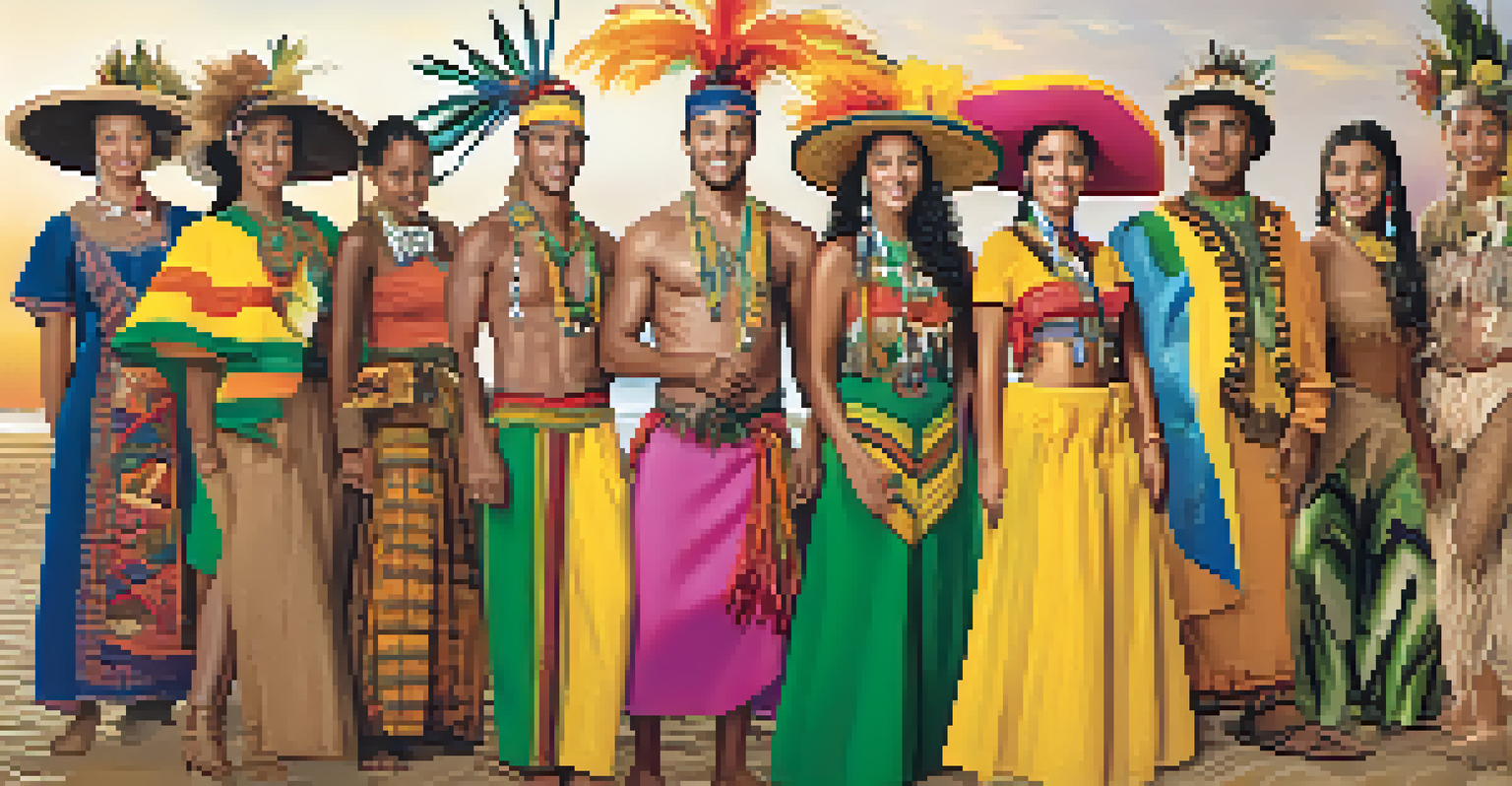 A collage of Brazilian regional costumes showcasing traditional styles from the Northeast and Amazon, against beautiful natural backdrops.
