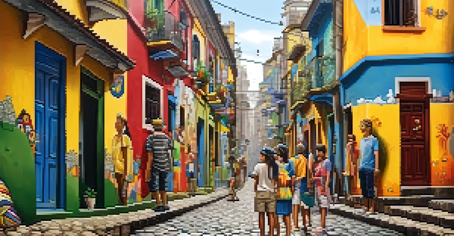 Tourists admiring whimsical street art in a colorful alley filled with murals by Os Gêmeos.