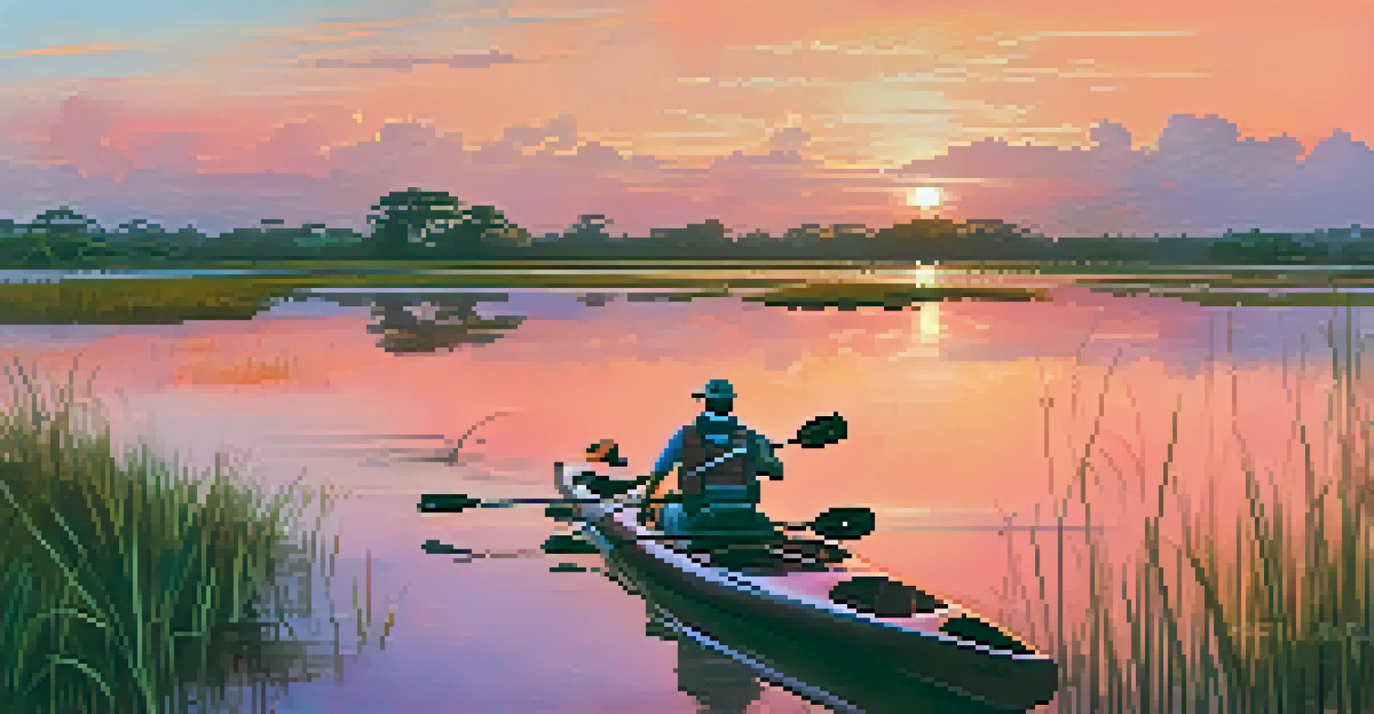 Travelers kayaking on the Pantanal wetlands at sunset, surrounded by nature and wildlife.