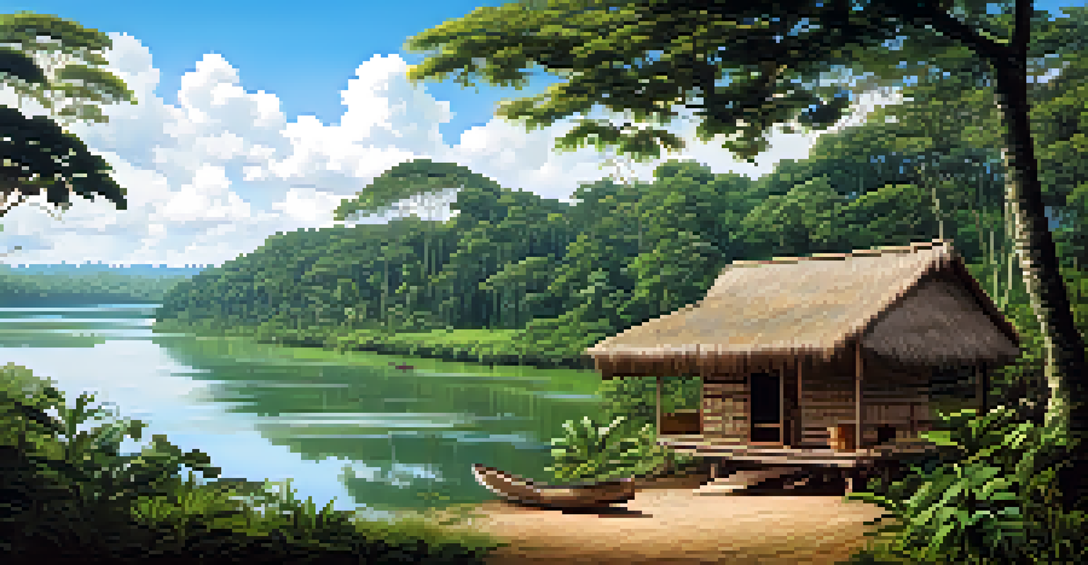 Scenic view of the Amazon rainforest with a winding river and traditional Indigenous huts, illustrating a peaceful coexistence with nature.