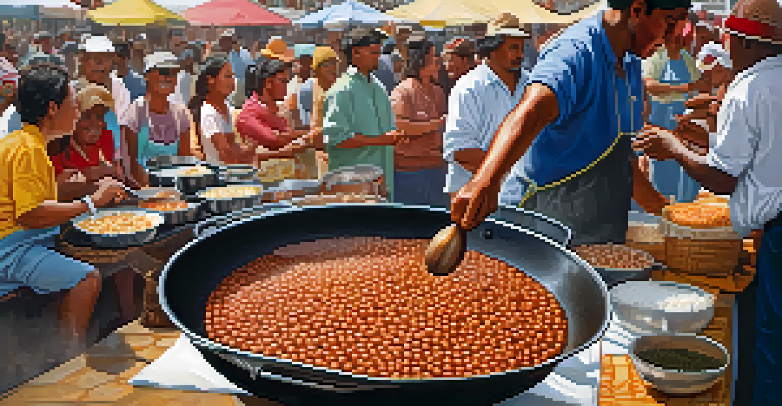A vendor frying acarajé in a skillet, with ingredients like shrimp and vatapá sauce visible, set against a busy street food market in Salvador.
