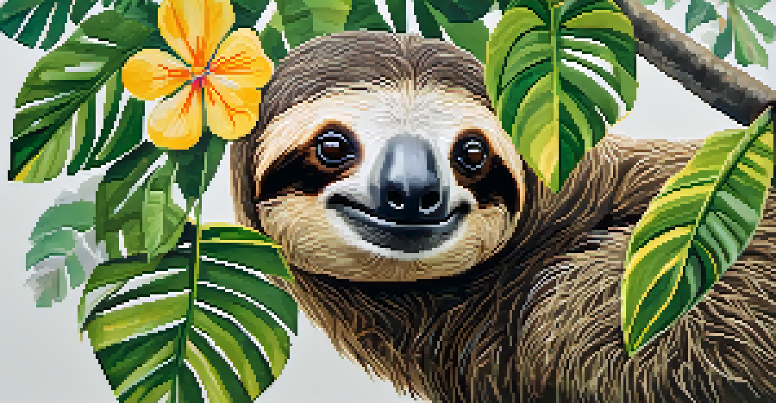 A close-up of a Brazilian three-toed sloth hanging from a tree branch in the Atlantic Forest, surrounded by lush green leaves and colorful flowers.