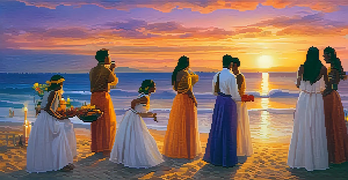 A lively beach scene during the Festa de Iemanjá, with participants in white clothing and colorful offerings at sunset.