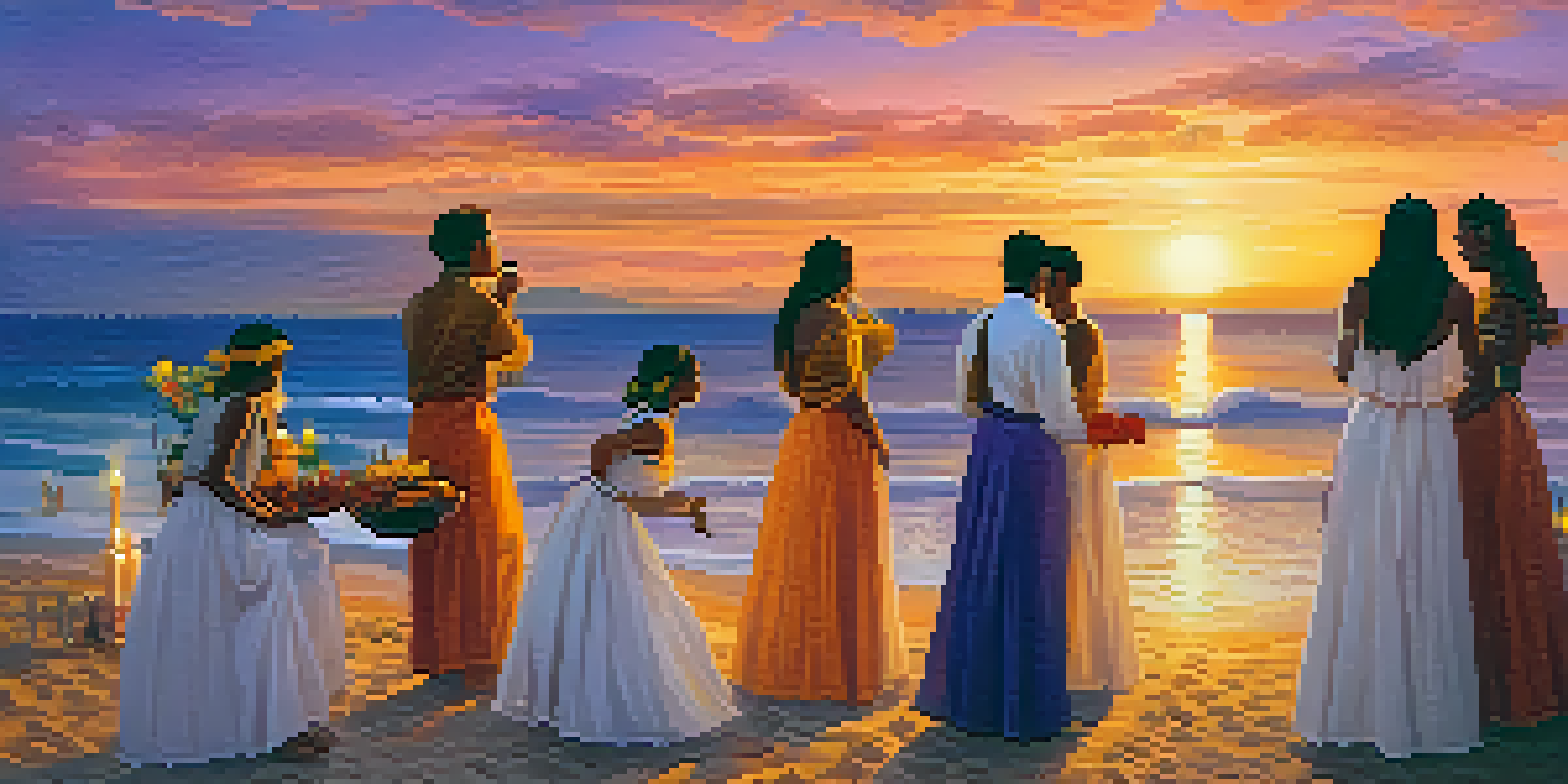 A lively beach scene during the Festa de Iemanjá, with participants in white clothing and colorful offerings at sunset.