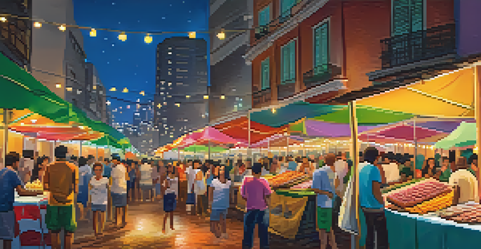 A bustling night market in São Paulo with colorful food stalls and people enjoying street food under lights.