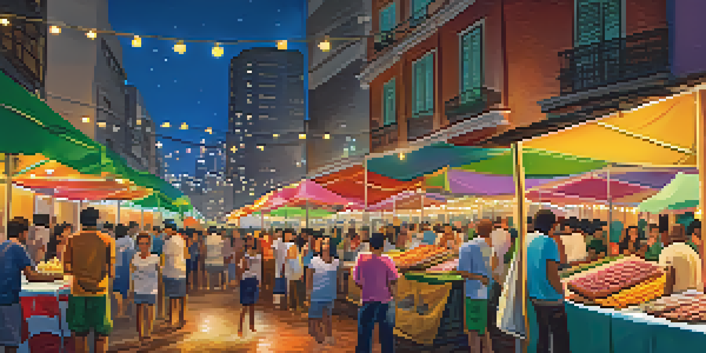 A bustling night market in São Paulo with colorful food stalls and people enjoying street food under lights.