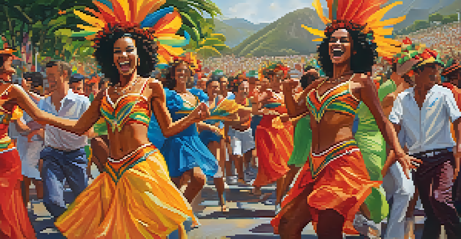 A dynamic samba dance performance in Rio de Janeiro with dancers in bright costumes and a festive atmosphere.