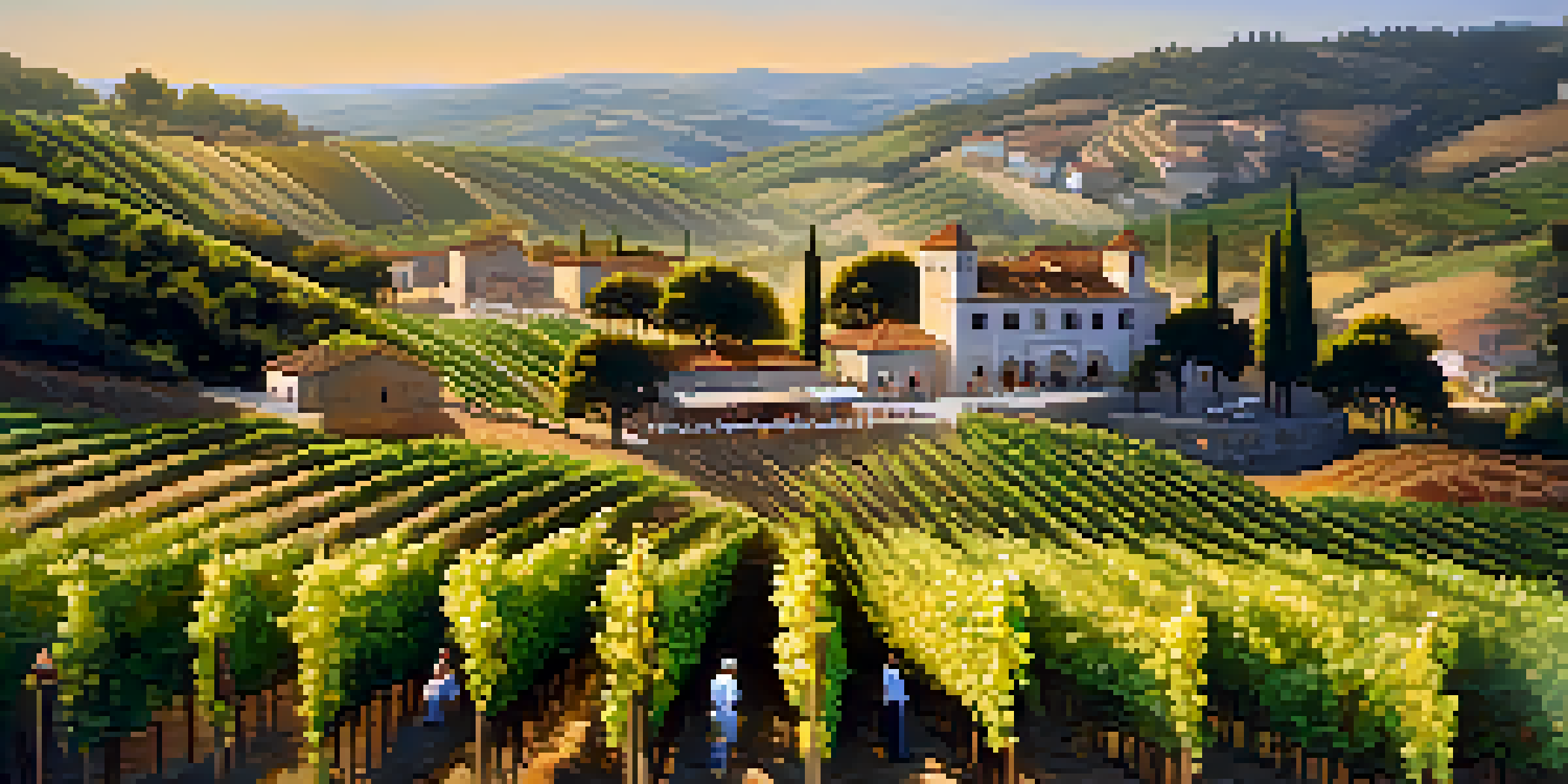 A scenic view of Vale dos Vinhedos with grapevines and visitors enjoying wine tastings during a festival.