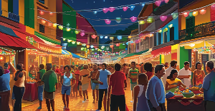 A lively street scene at the Festival de Inverno in Brazil, featuring colorful lights, people enjoying music, and food stalls.