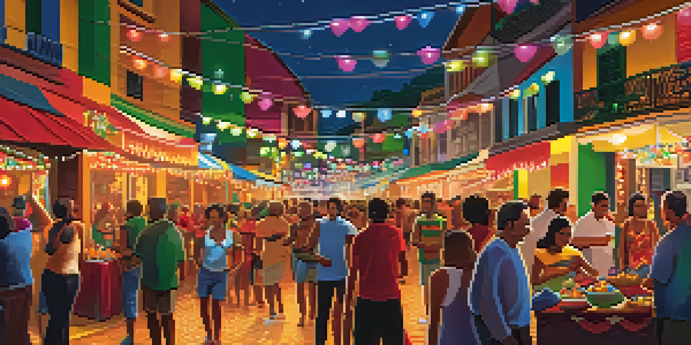 A lively street scene at the Festival de Inverno in Brazil, featuring colorful lights, people enjoying music, and food stalls.