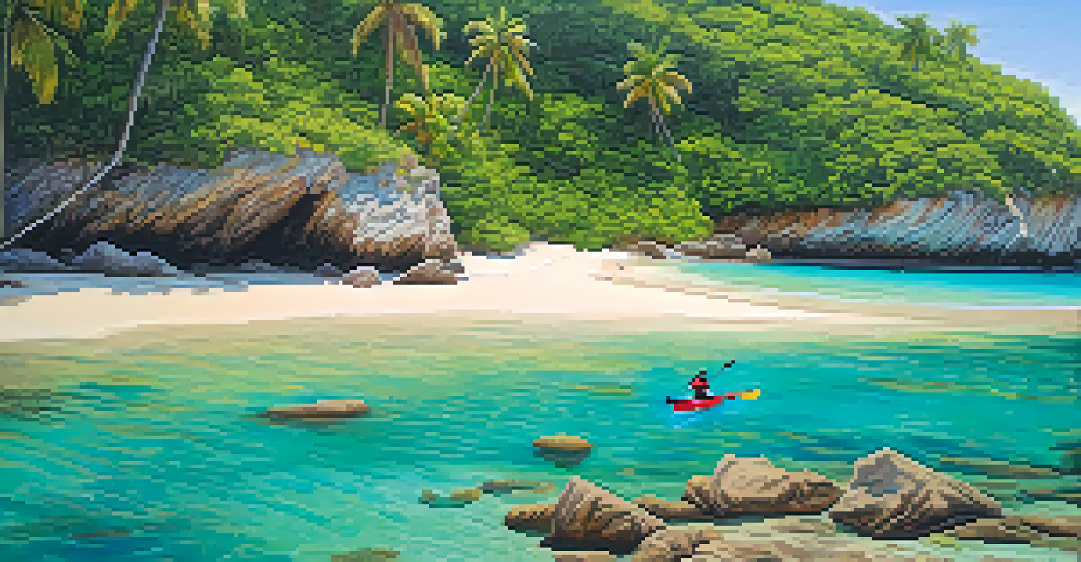 A kayaker explores the clear turquoise waters of Bahia, with sandy beaches, palm trees, and colorful fish visible beneath the surface.