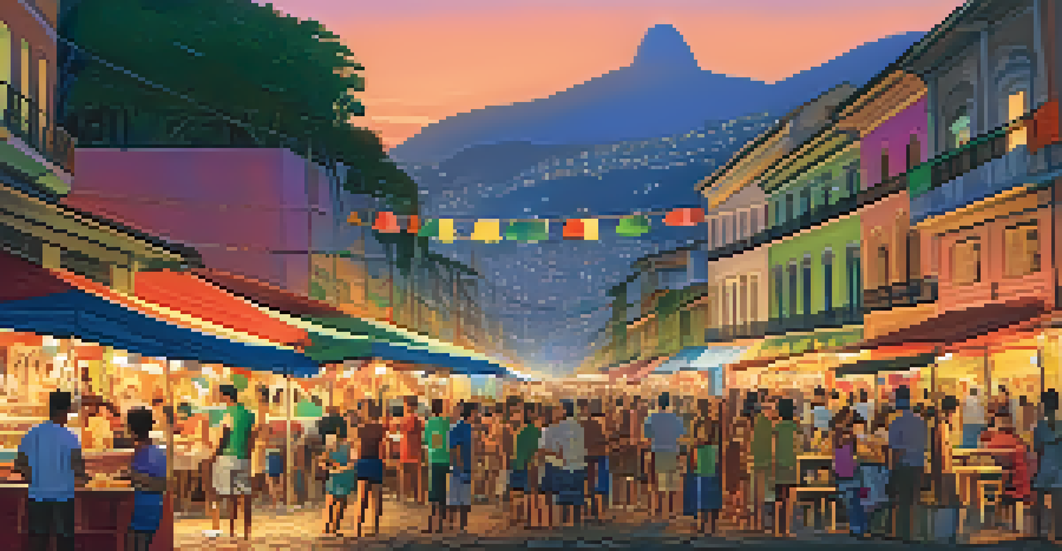 A panoramic view of Lapa neighborhood in Rio de Janeiro at twilight, showcasing iconic arches and lively street food stalls filled with people enjoying the vibrant nightlife.
