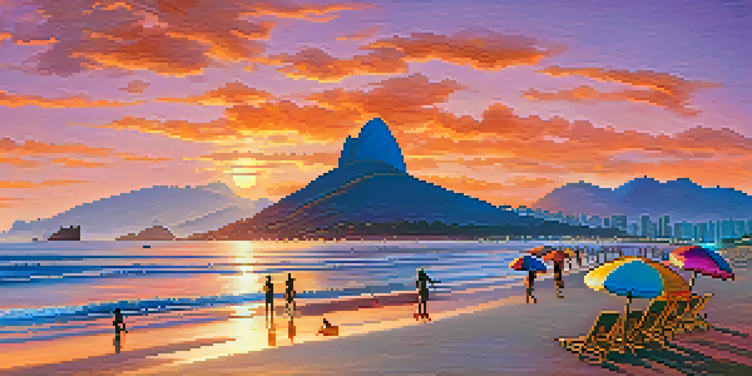 A beautiful sunset over Ipanema beach in Brazil, with silhouettes of people and the Dois Irmãos mountain in the background.