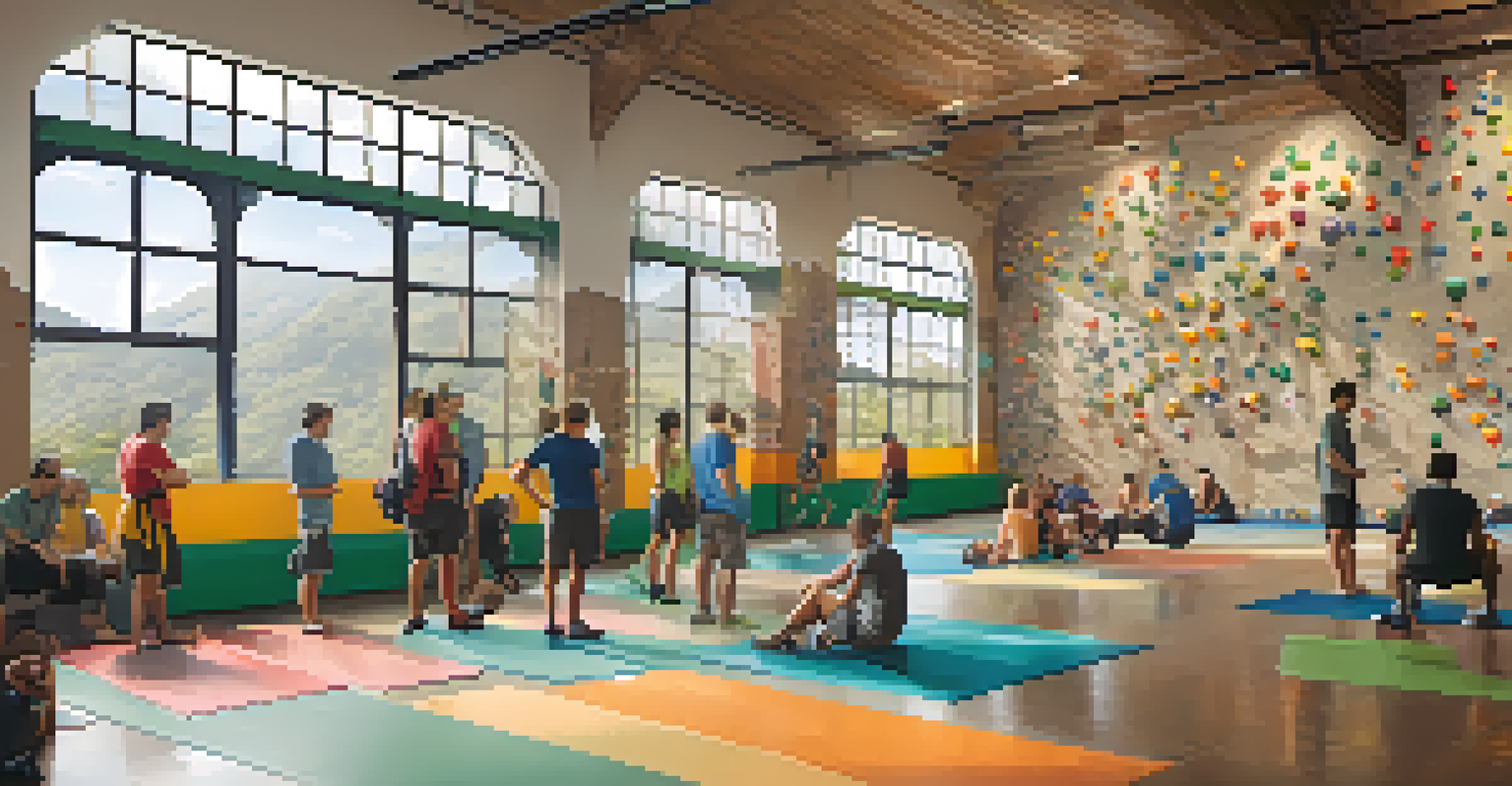 A group of climbers at a climbing gym in Brazil, interacting and preparing for their climbing sessions.