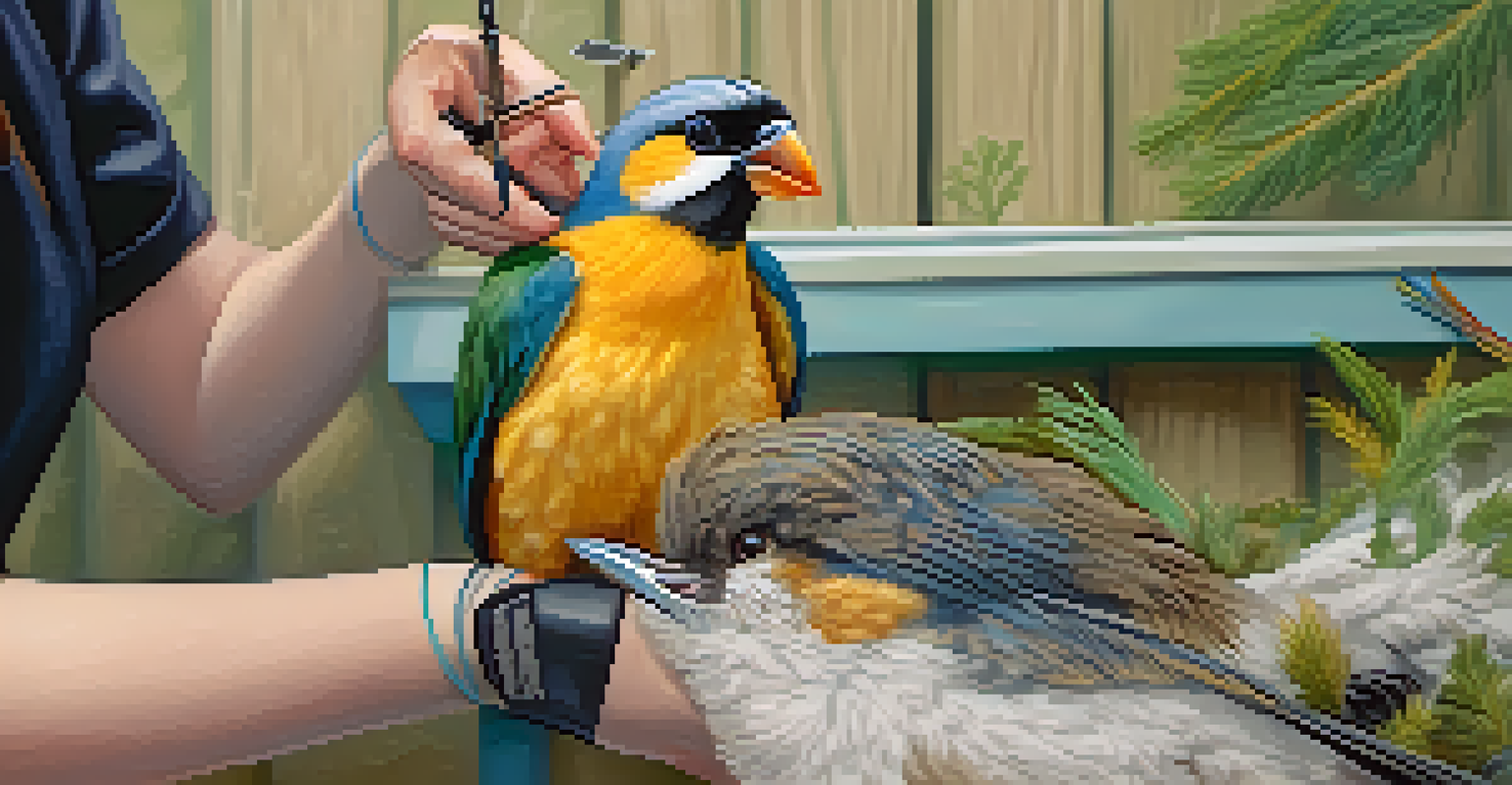A volunteer gently holding an injured bird in a rehabilitation center, surrounded by natural materials.