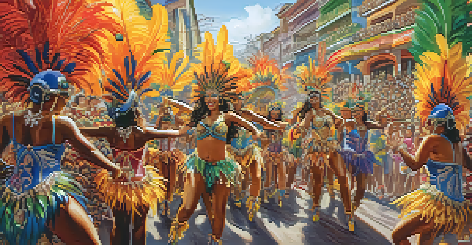 A samba parade during Carnaval with dancers in colorful costumes and a grand float, showcasing energy and celebration.