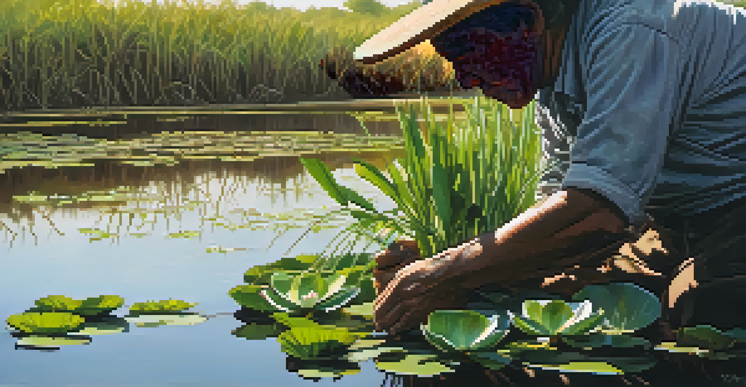 A farmer holding dark soil with small plants in the Pantanal wetlands, surrounded by lush green vegetation and filtered sunlight.