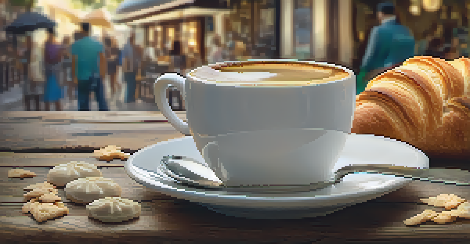 A close-up of a traditional Brazilian coffee cup with 'café com leite' and pastries on a wooden table.
