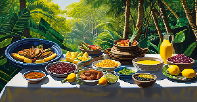 An outdoor feast featuring traditional Indigenous Brazilian dishes, with colorful ingredients and lush greenery in the background.