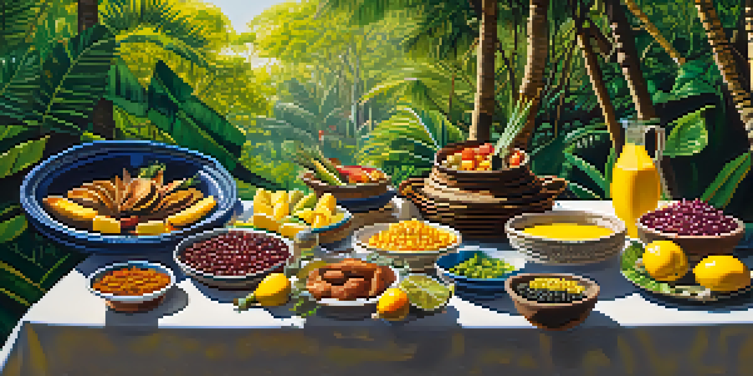 An outdoor feast featuring traditional Indigenous Brazilian dishes, with colorful ingredients and lush greenery in the background.