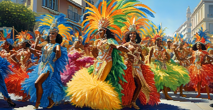 A lively Carnaval parade in Rio de Janeiro with samba dancers in colorful costumes, extravagant floats, and a bright blue sky.