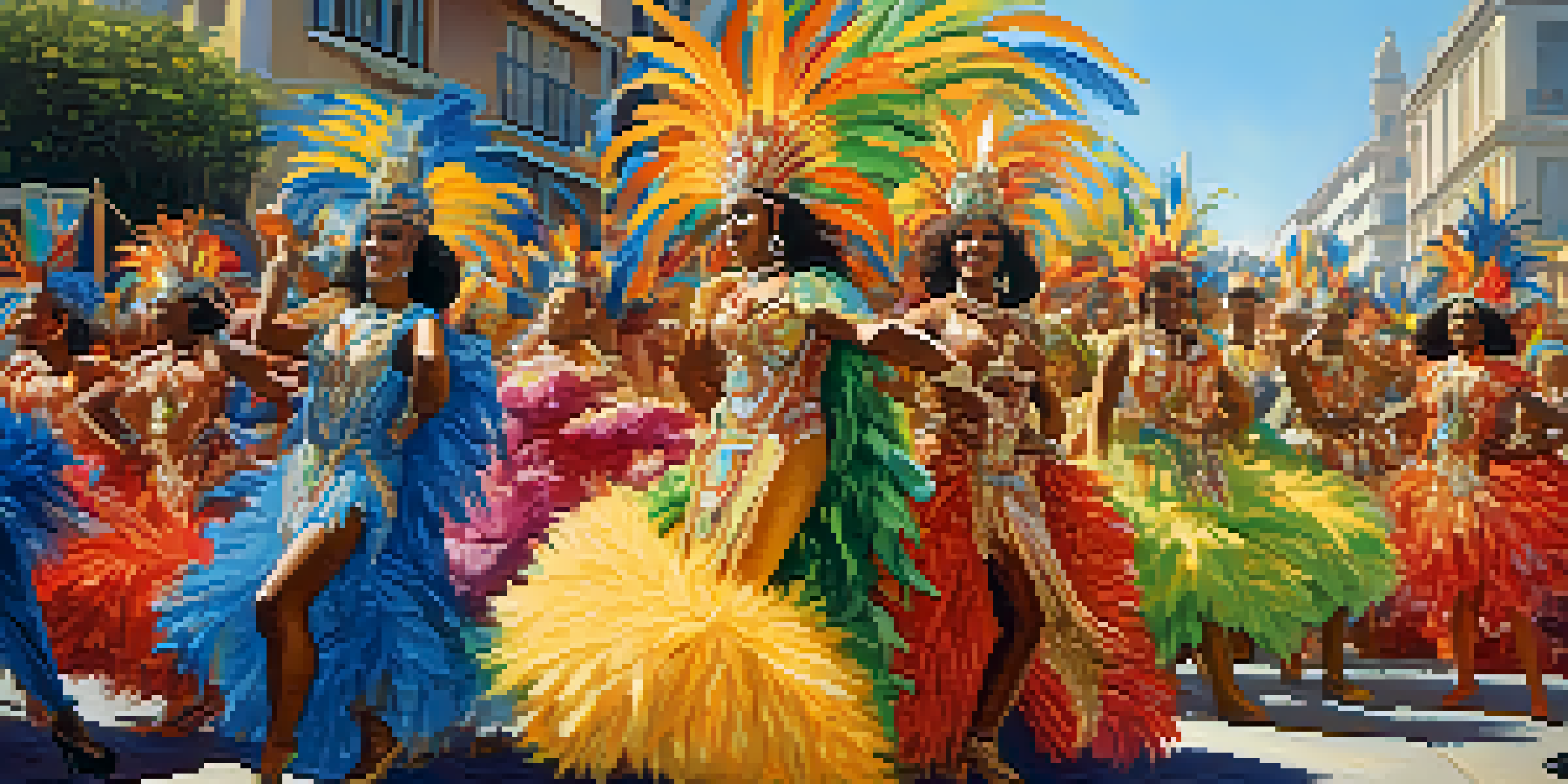 A lively Carnaval parade in Rio de Janeiro with samba dancers in colorful costumes, extravagant floats, and a bright blue sky.