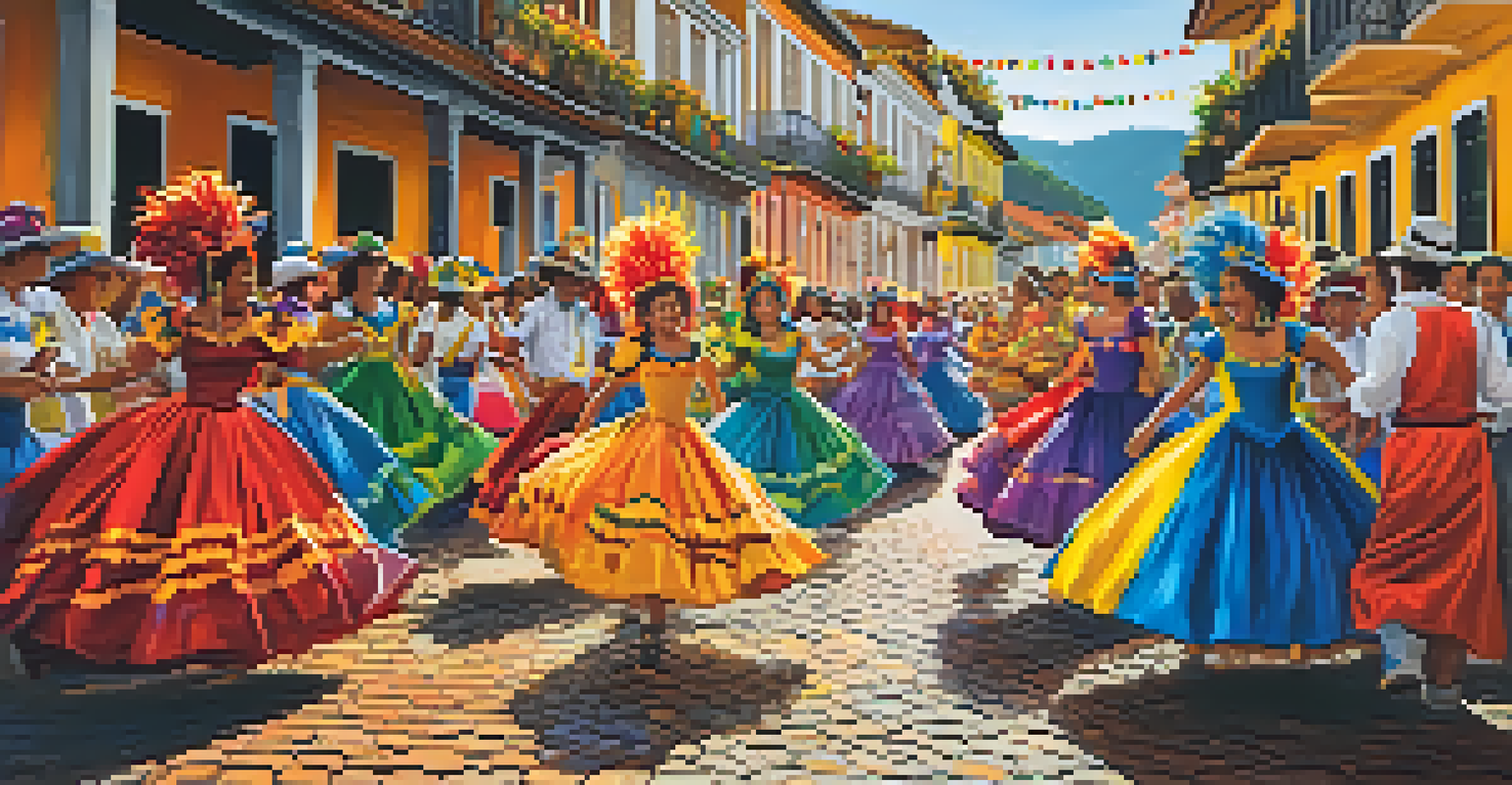 A vibrant street scene during Carnival in Ouro Preto, showcasing dancers in colorful costumes and a festive atmosphere.