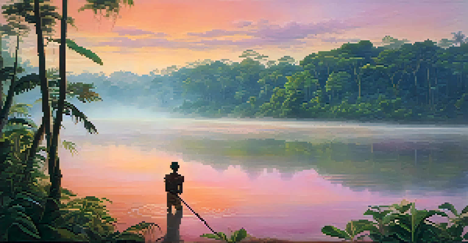 A serene sunrise over the Amazon Rainforest with an Indigenous person fishing at the riverbank, surrounded by lush trees and mist.