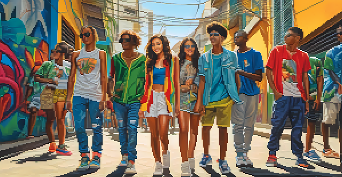 A lively street in Brazil with diverse young people in colorful streetwear, surrounded by vibrant graffiti and tropical plants.