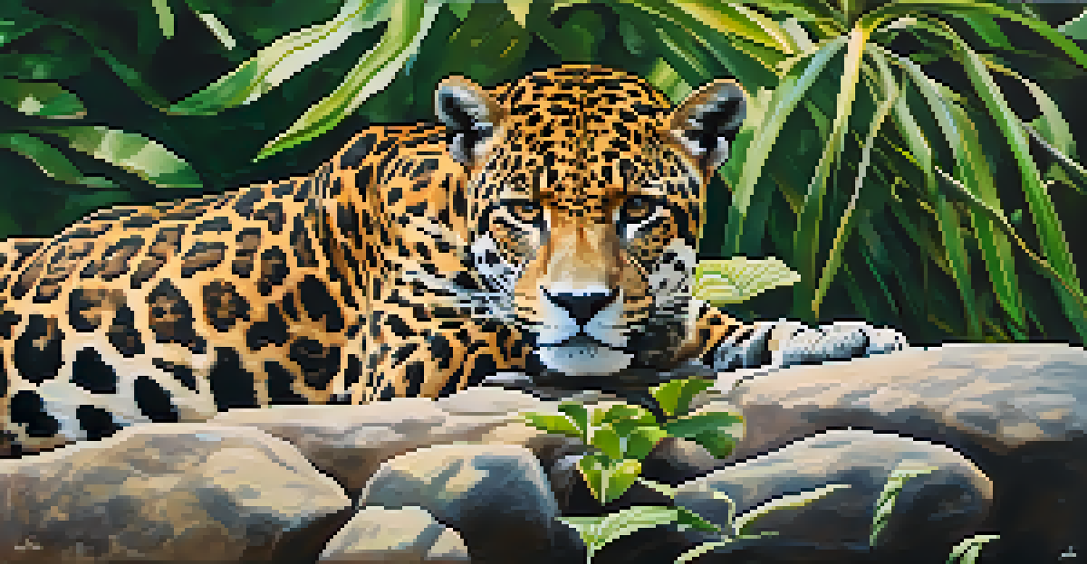A close-up of a jaguar resting on rocks, surrounded by vibrant greenery in Pantanal National Park.
