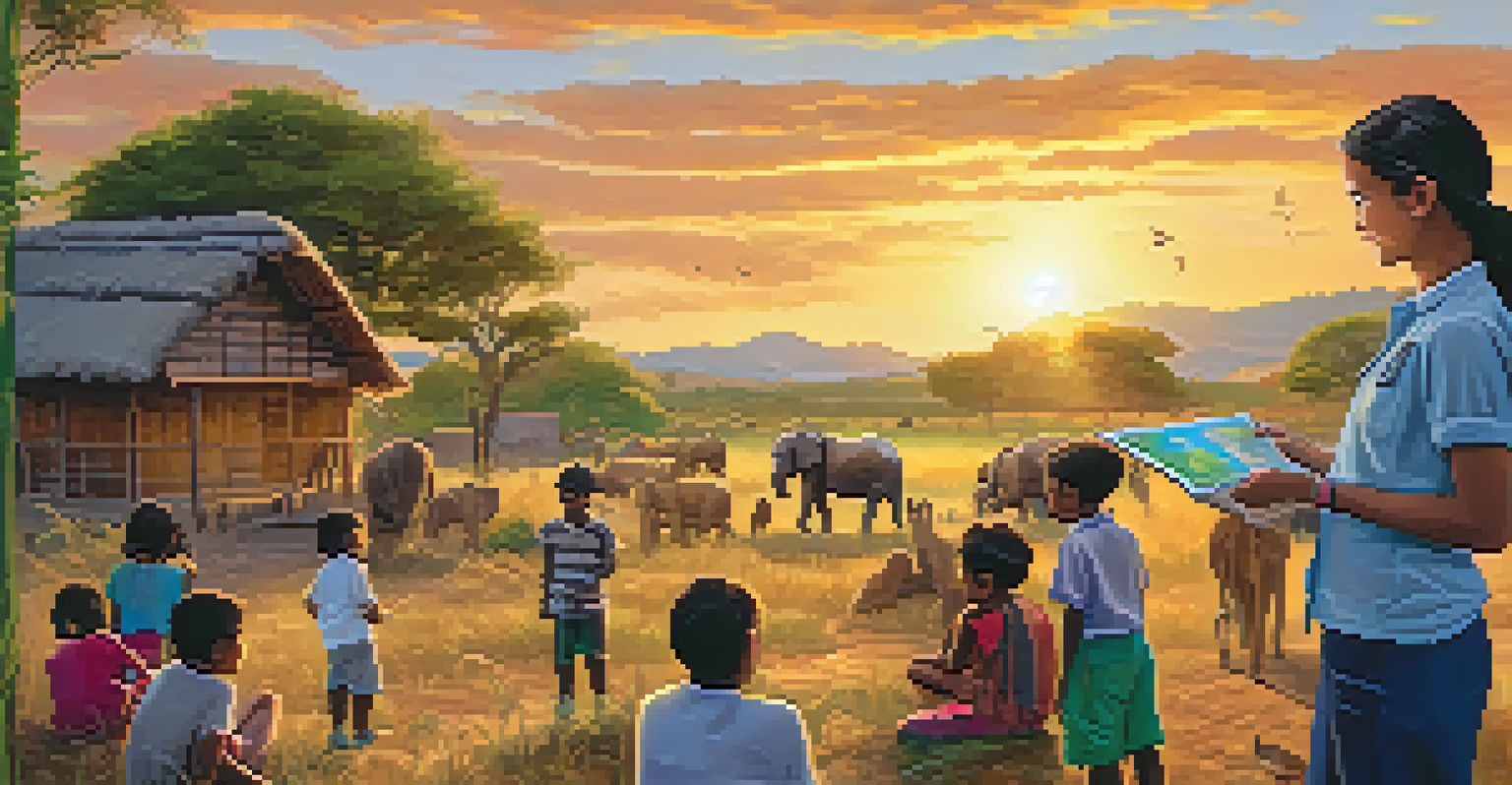 A conservationist engaging with local children in a village, showing them a wildlife map with colorful huts and sunset in the background.