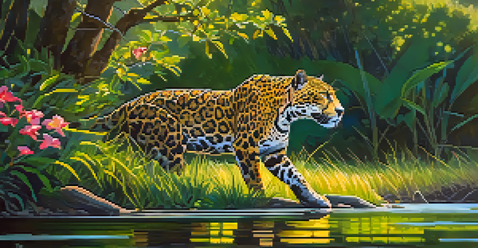 A jaguar walking along a riverbank in the Pantanal wetlands, surrounded by greenery and sunlight filtering through the trees.