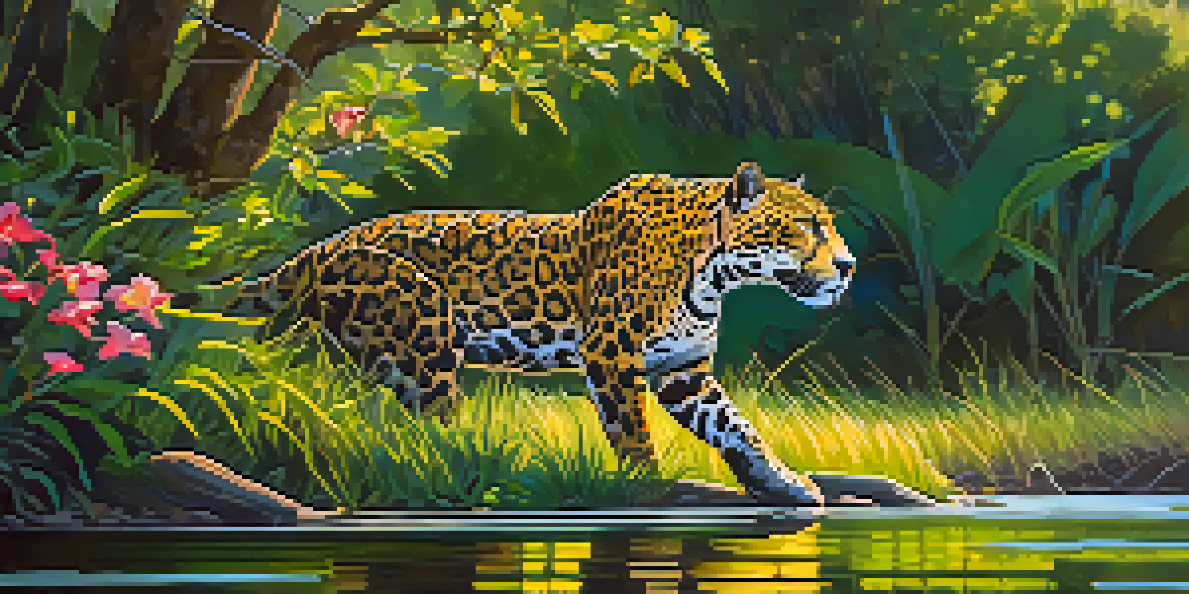 A jaguar walking along a riverbank in the Pantanal wetlands, surrounded by greenery and sunlight filtering through the trees.