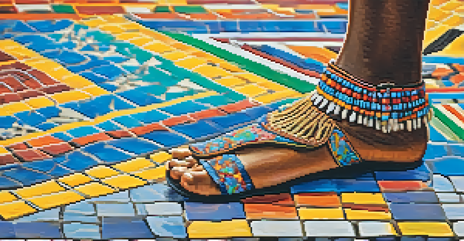 A close-up of a dancer's feet in traditional sandals on a colorful mosaic floor.
