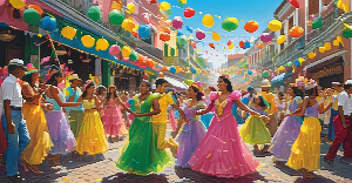 A diverse family in colorful traditional costumes dancing joyfully during Carnival in Brazil, surrounded by festive decorations.