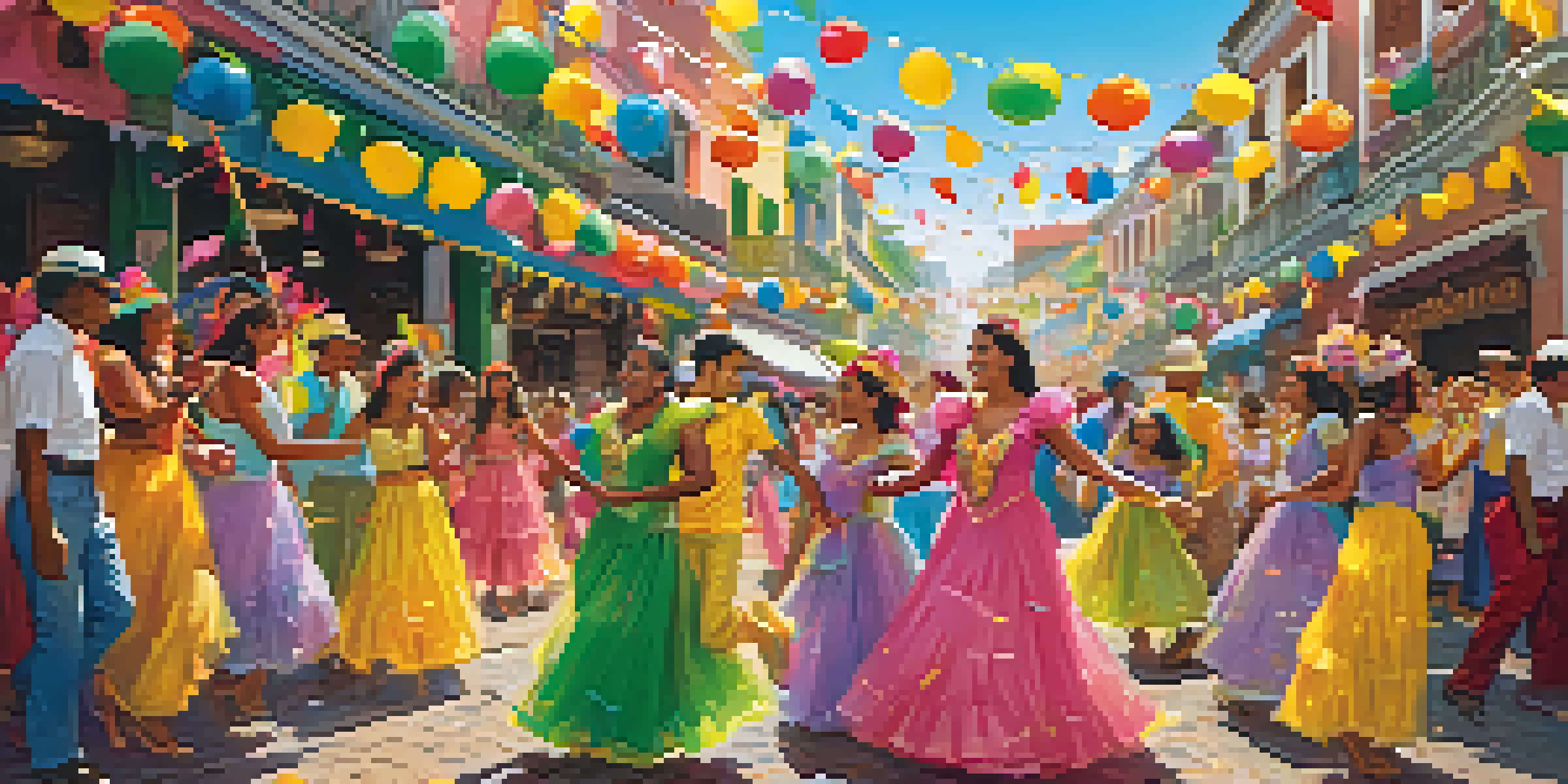 A diverse family in colorful traditional costumes dancing joyfully during Carnival in Brazil, surrounded by festive decorations.