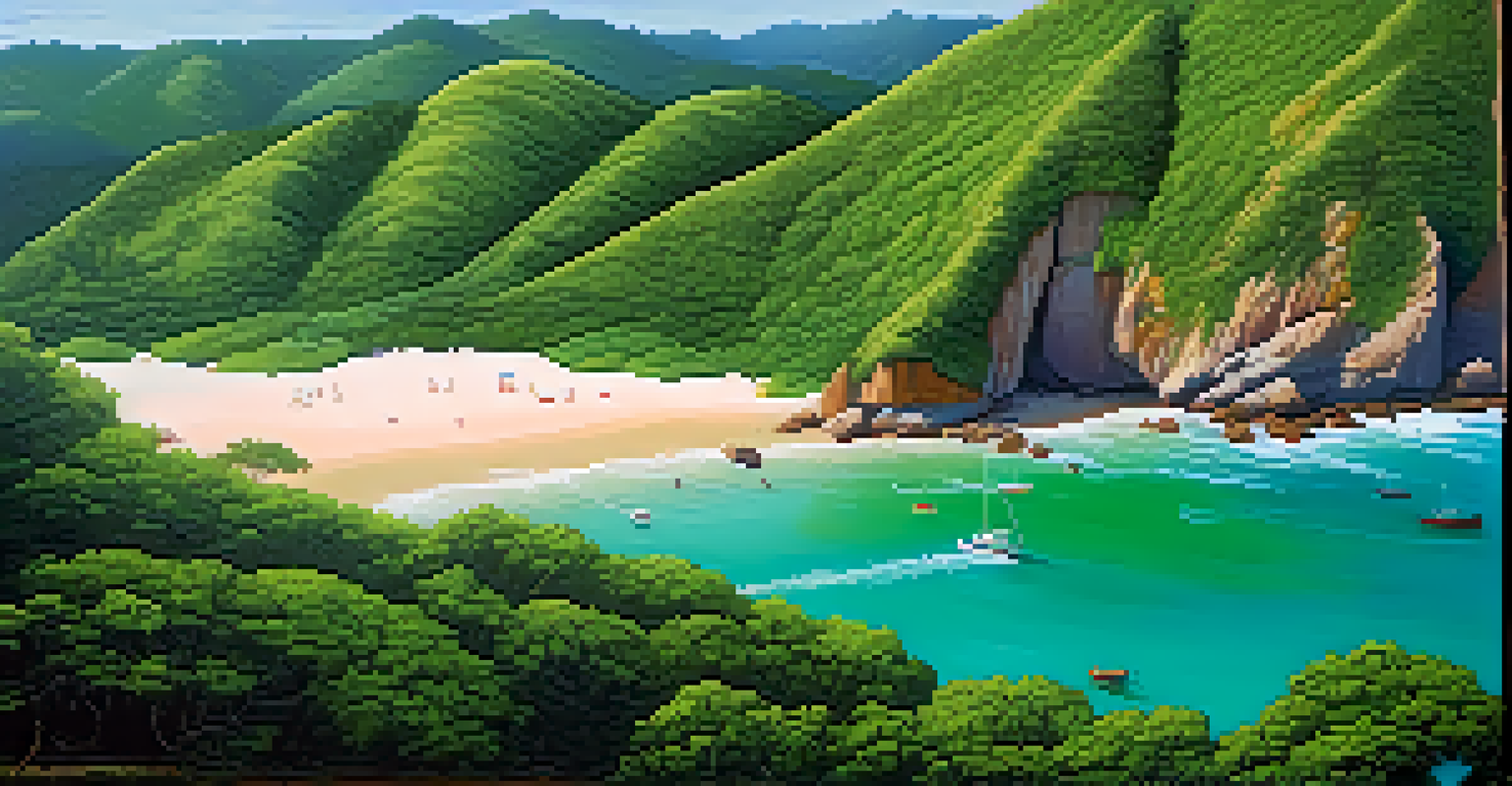 Aerial view of a hidden beach with turquoise waters and lush green hills in Santa Catarina, Brazil.