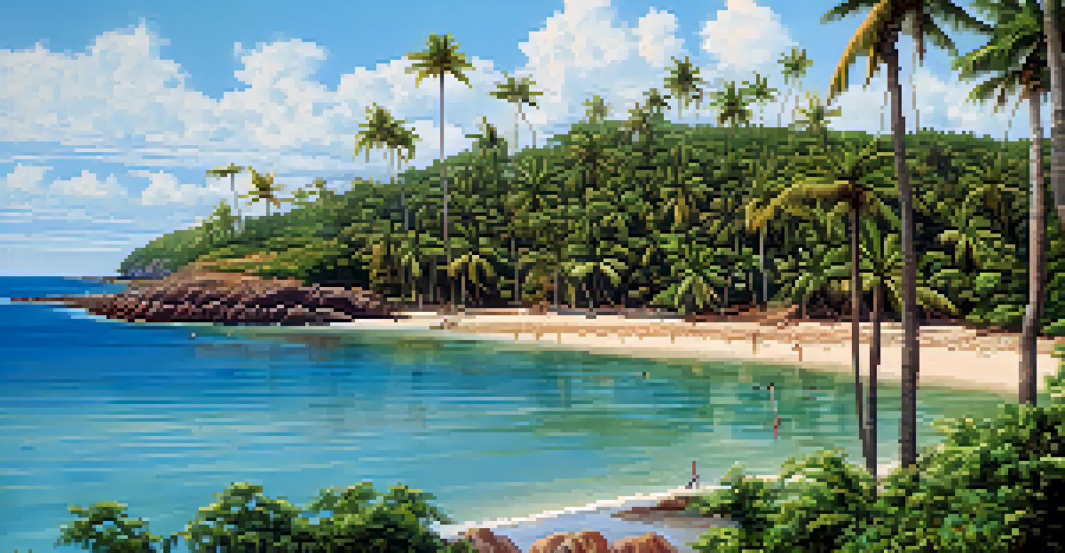 An aerial view of a hidden beach in Alagoas, Brazil, featuring palm trees, tidal pools, and visible coral reefs.