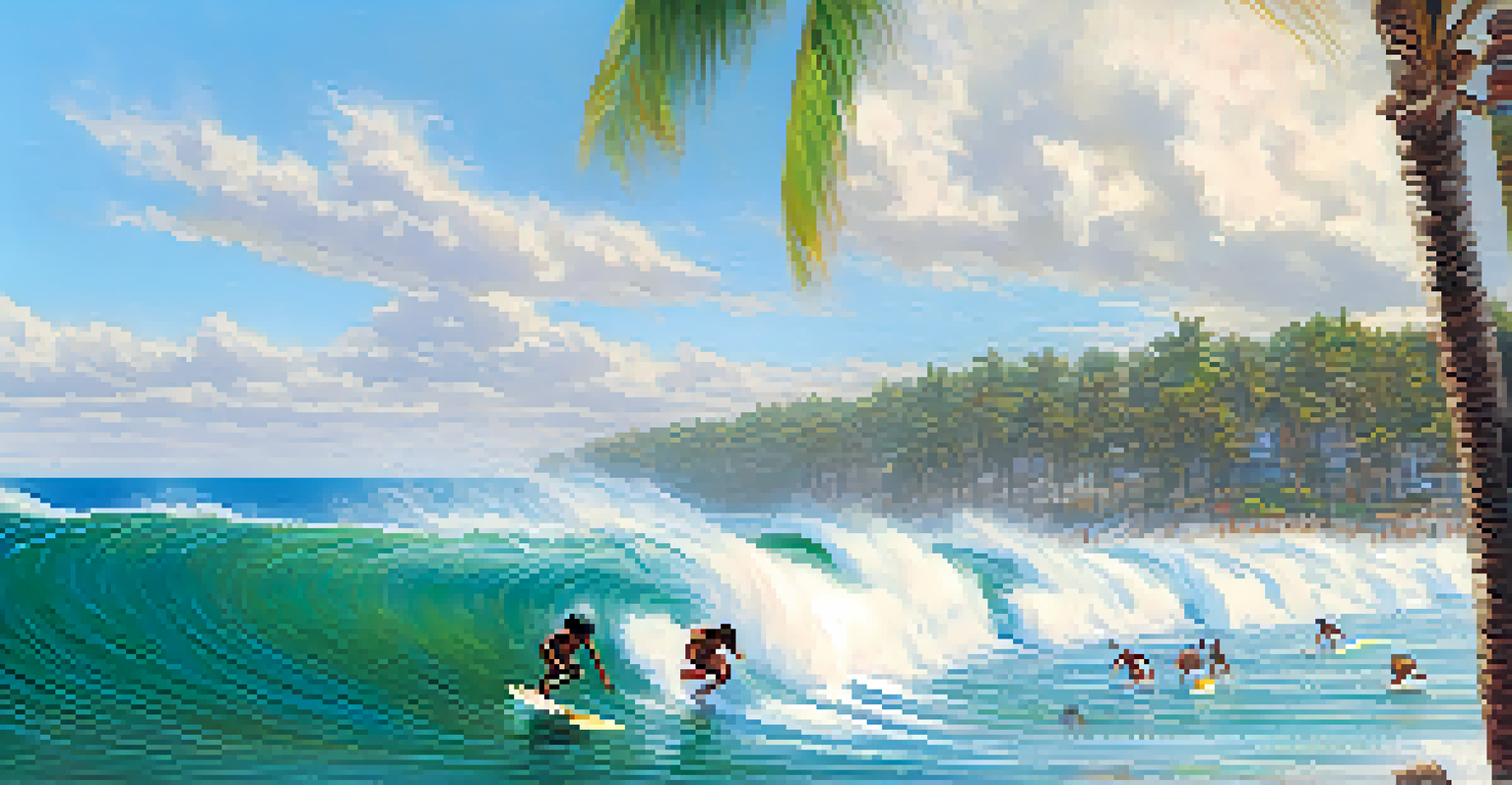 Surfers riding powerful waves at a lively beach with spectators and palm trees.