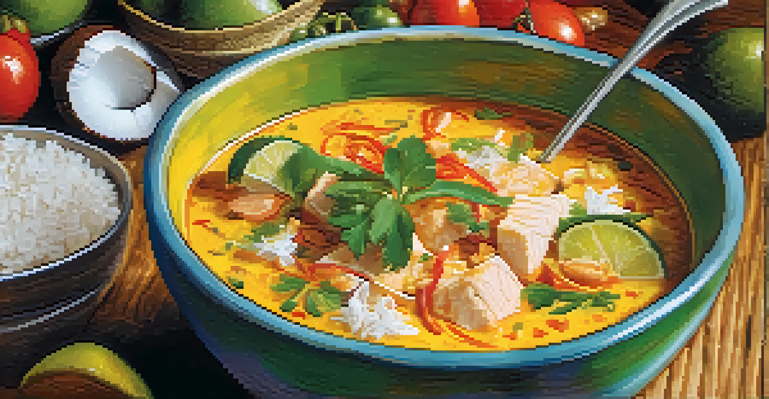 A close-up of moqueca, a Brazilian fish stew, served in a bowl with a caipirinha cocktail on the side.