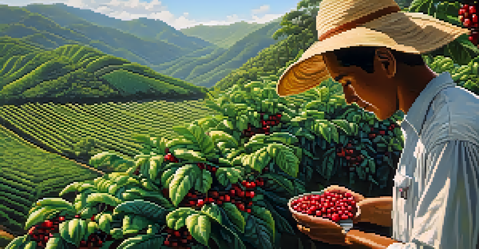 A vibrant Brazilian coffee plantation with coffee plants and a farmer picking cherries under a sunny sky.