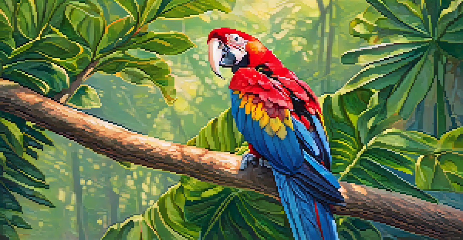 A close-up of a scarlet macaw perched on a branch, showcasing its bright colors amidst green foliage.