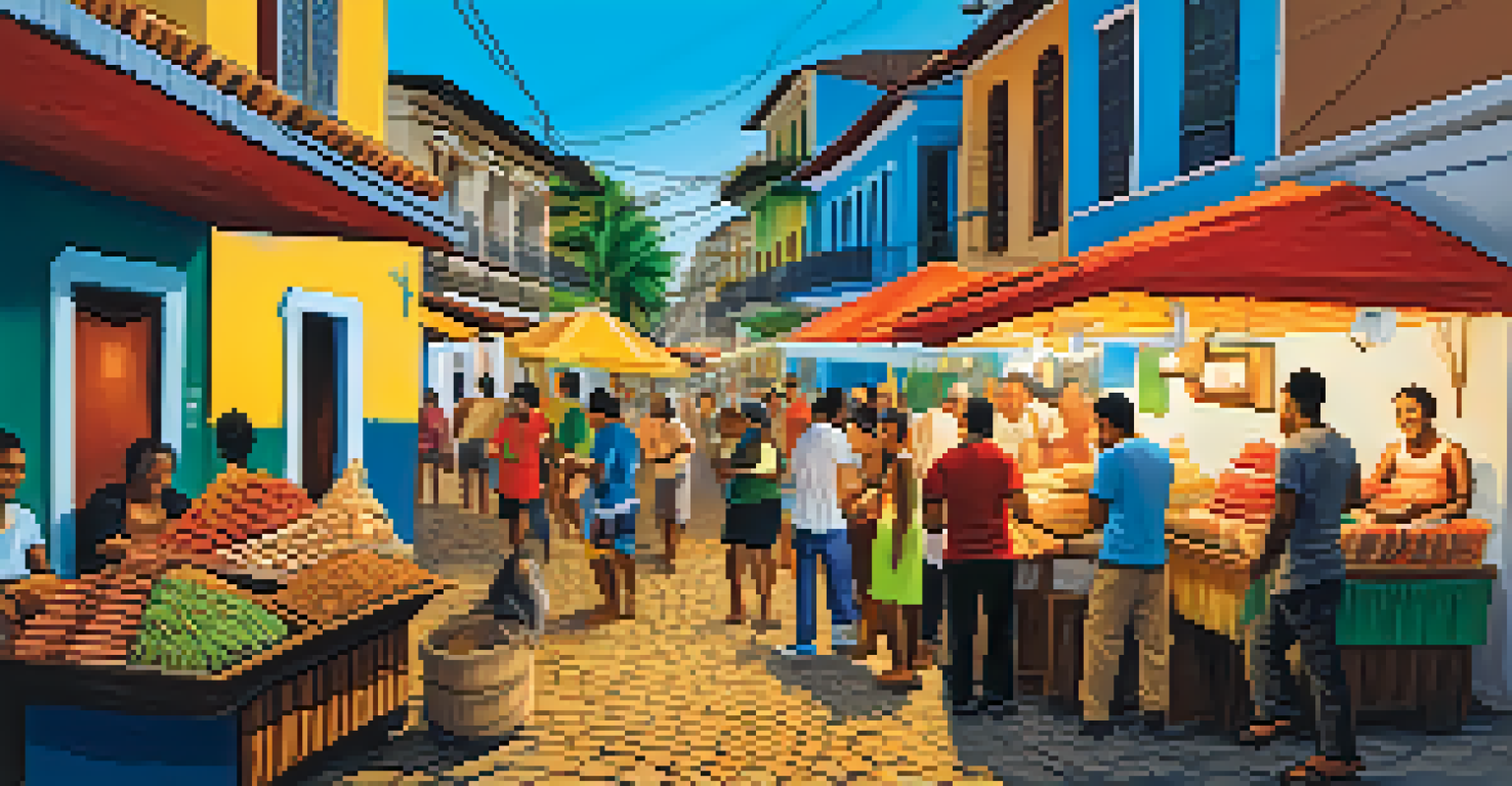 A vibrant street food scene in Salvador, Brazil, with vendors selling acarajé and lively locals enjoying the festive atmosphere.