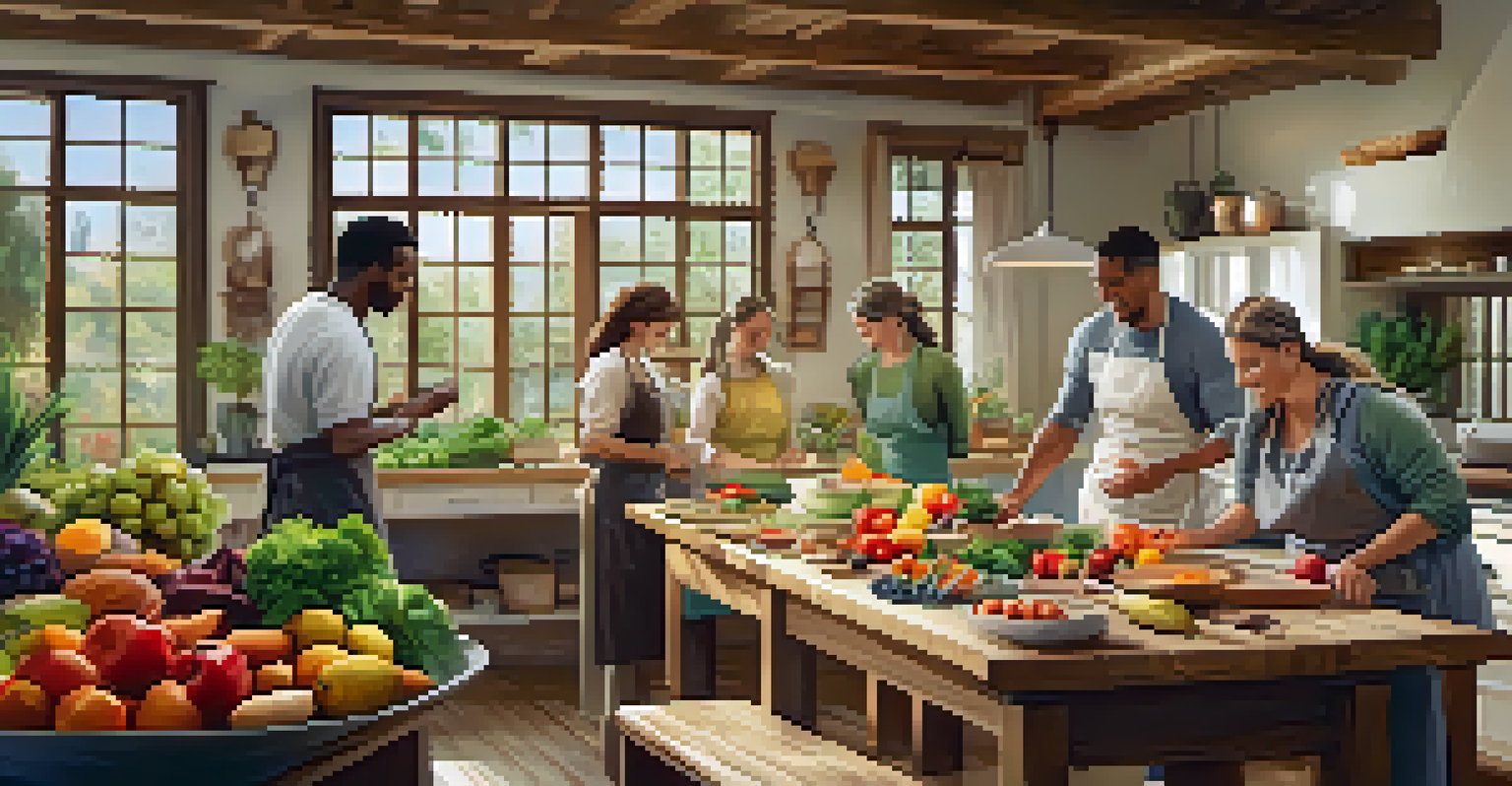 A cooking workshop at a wellness retreat featuring fresh ingredients and participants preparing a healthy meal.