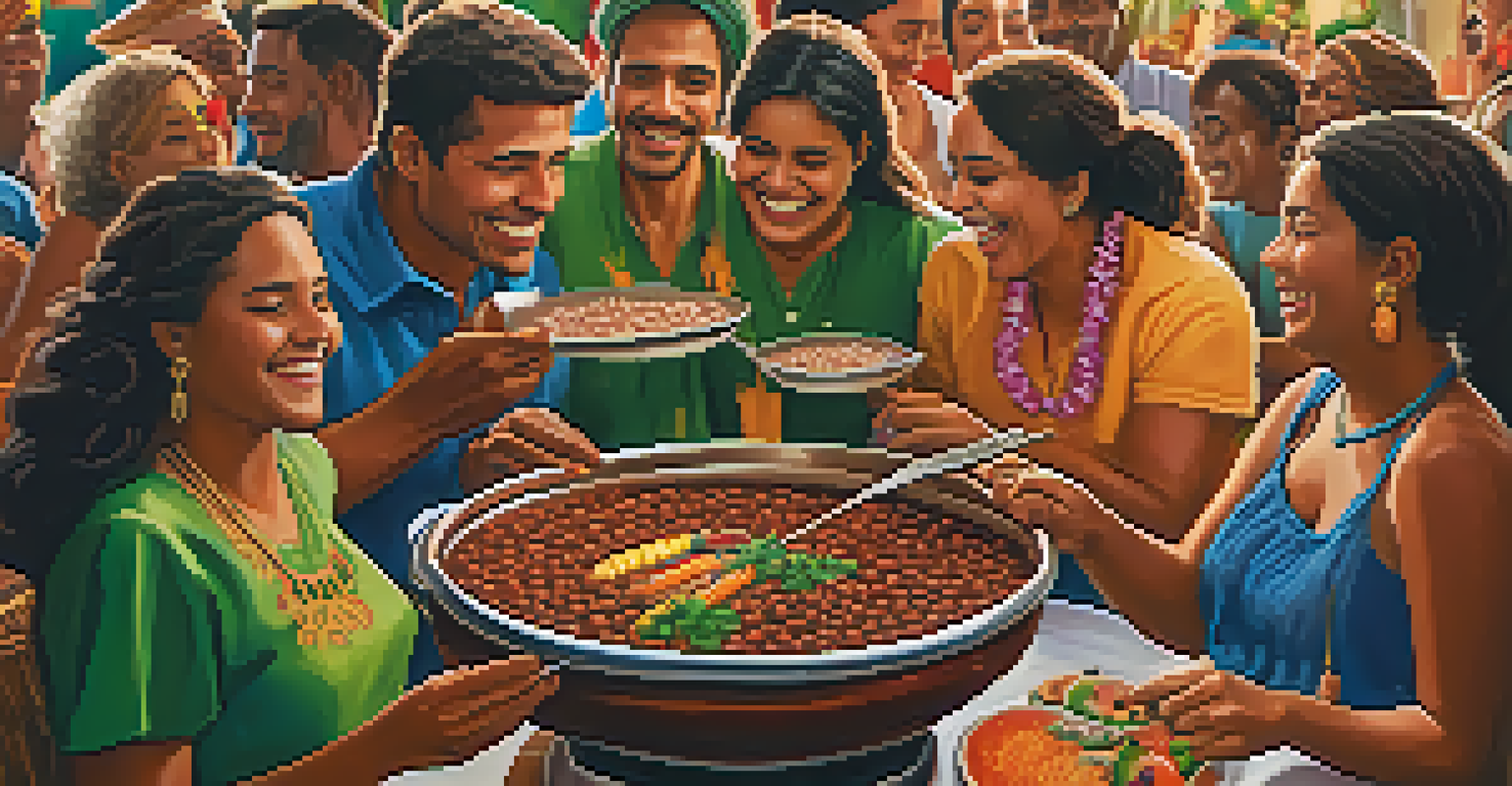 A lively feijoada gathering with a steaming pot of stew and people enjoying the meal, set in a festive Brazilian atmosphere.