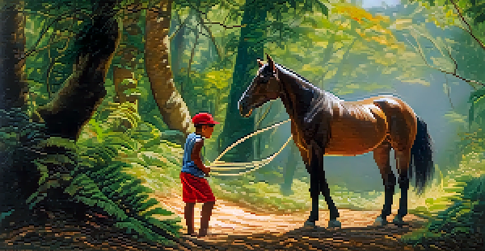 A playful one-legged boy in a red cap, surrounded by a vibrant forest, tying knots in horses' tails with a puff of smoke.